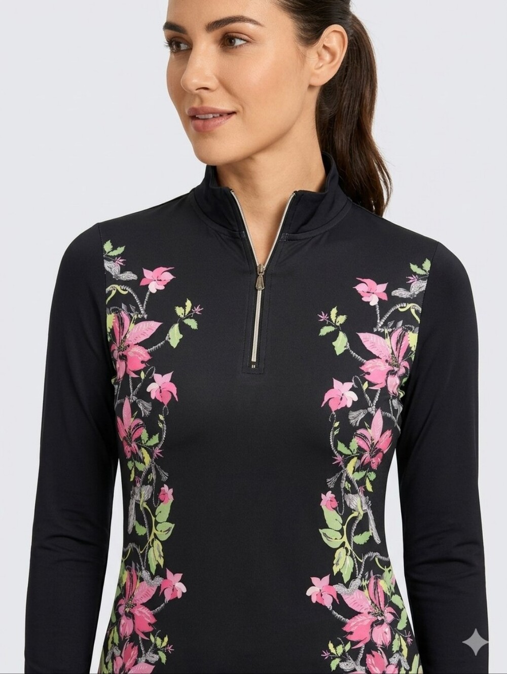 DAILY SPORTS Floral Quarter-Zip Golf Top Black Pink Swedish Design Size M